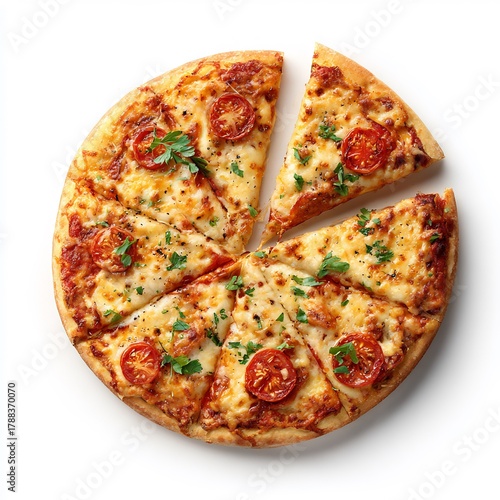 Pizza Top View Png With Lifted Slice Whole Pizza Top-Down With One Slice Slightly Lifted Up, Clean Transparent Background, Realistic Light And Depth Perfect Menu Mockup.