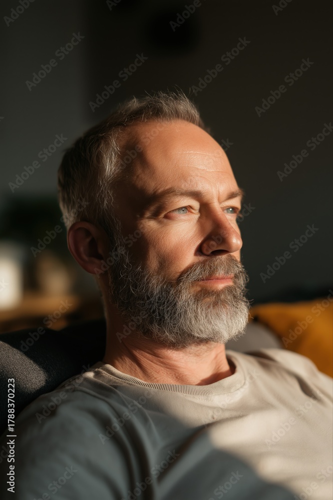 Fototapeta premium Contemplative mature caucasian male in warm light setting