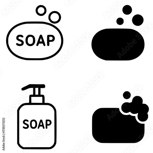 4 soap icons, black, transparent background