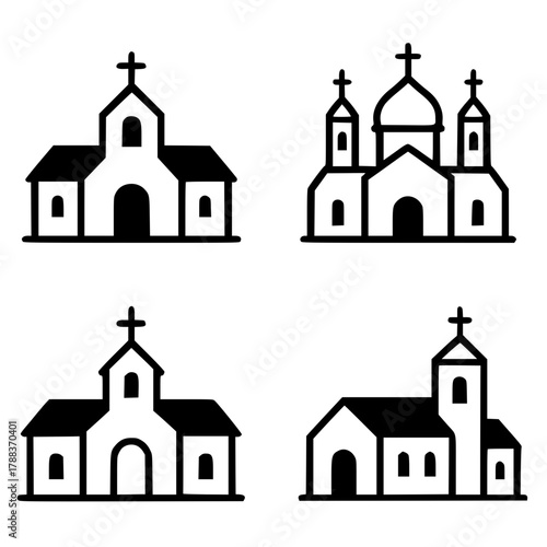 4 church vectors, black, transparent background