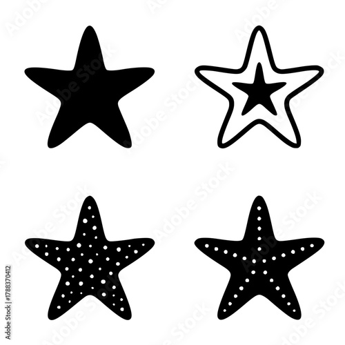 4 Starfish vectors, black, transparent background