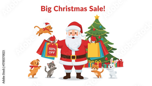 Cuadro en lienzo Christmas Sale Illustration: Santa Claus and his little friend herald a grand Ch