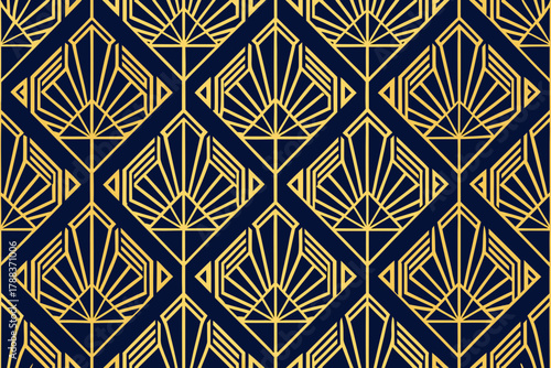 Art Deco Geometric Fan Pattern Navy Blue and Gold Seamless Design Keywords: art deco, geometric, pattern, seamless, navy blue, gold, background