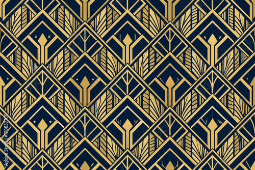 Art Deco Geometric Diamond Pattern Navy Blue and Gold Seamless Design Keywords: art deco, geometric, pattern, seamless, navy blue, gold