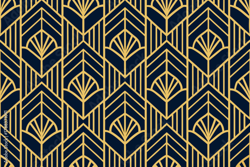 Art Deco Geometric Pattern Seamless Navy Blue and Gold Design Keywords: art deco, geometric, pattern, seamless, navy blue, gold, background