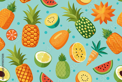 Bright Summer Fruit Pattern with Pineapples and Oranges