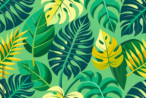 Colorful Tropical Leaves Pattern Keywords: tropical, leaves, pattern, jungle, foliage, monstera, palm, green, yellow, teal, nature, exotic, botany