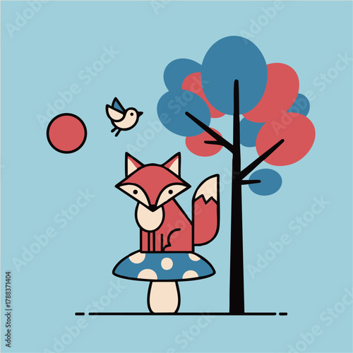 Minimalist Line Art Fox Sitting on Mushroom Playful Modern Vector