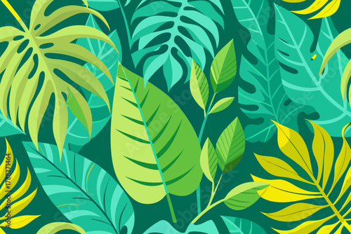 Deep Green Tropical Leaf Pattern Keywords: tropical, leaves, pattern, jungle, foliage, monstera, palm, green, teal, yellow, nature, exotic, botany