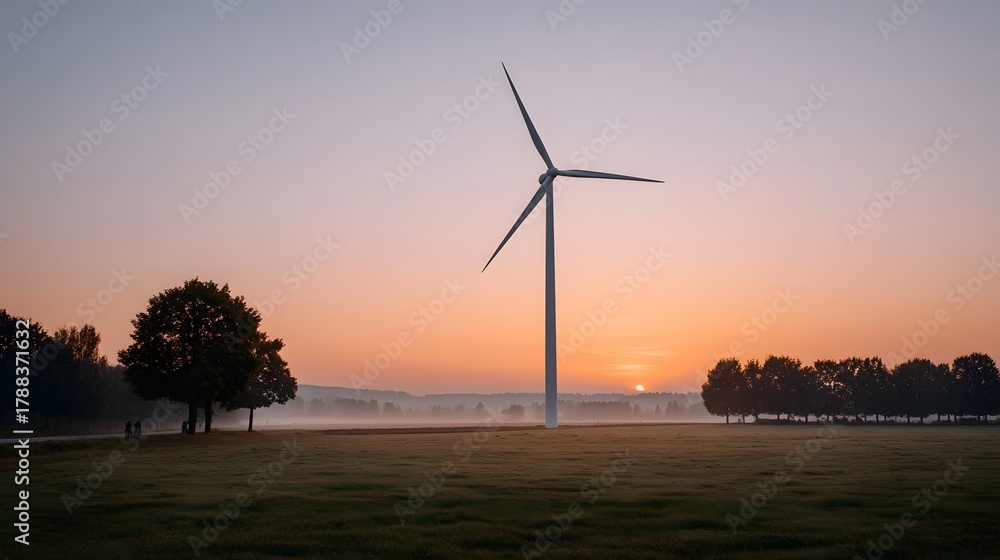 Fototapeta premium A solitary wind turbine stands in a misty rural field at sunrise with soft pastel colors illuminating the sky