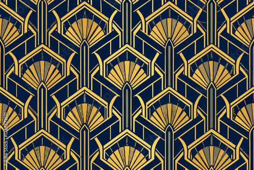 Intricate Art Deco Geometric Pattern Navy Blue and Gold Repeating Design Keywords: art deco, geometric, pattern, seamless, navy blue, gold