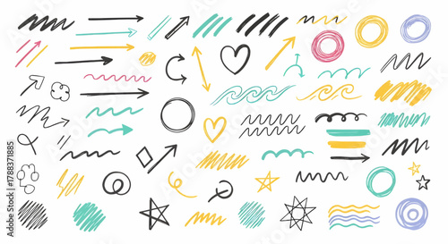 Hand-drawn colorful stroke, scribble, and marker line collection for creative highlights, underlines, and graphic design accents