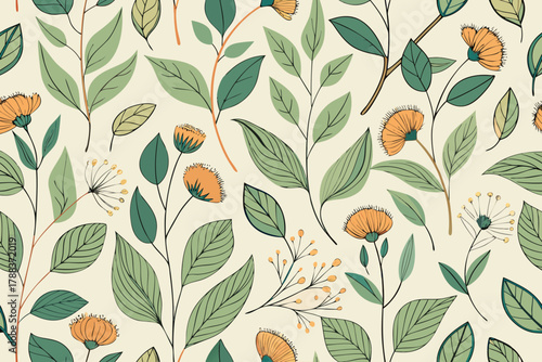 Seamless Floral Pattern with Orange Flowers and Green Foliage