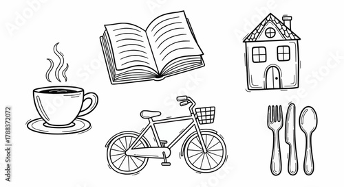 Cozy home lifestyle doodle set with book, bicycle, house, coffee cup, and everyday objects representing slow living and comfort