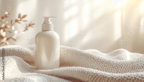 White pump bottle elegantly placed on a soft, textured textile, illuminated by gentle natural light, evoking a sense of calm and pure self-care in a minimalist setting