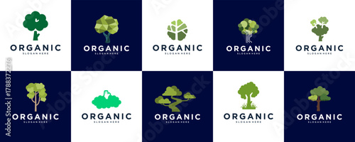 A collection of green tree logos symbolizing the environment, nature conservation, parks, and graphic illustration design.