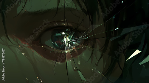 Close-up of a focused eye, intense gaze reflecting a light source, highlighting determination and depth in a dark setting.