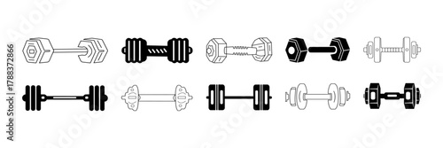 Dumbbell and barbell icon set. Fitness gym, workout, strength, training, weightlift, exercise, equipment  collection outline silhouette vector design.