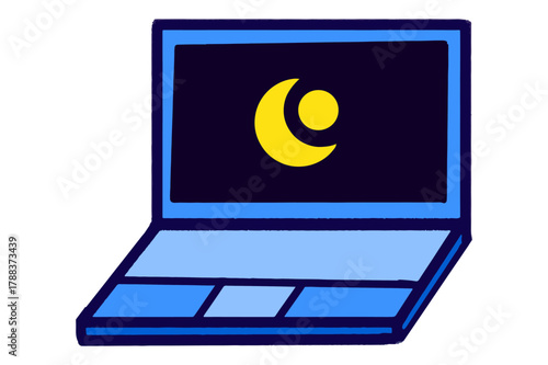 The laptop icon is blue with a crescent moon logo on the screen.