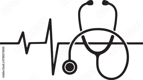 Stethoscope and Heartbeat Line Icon Medical EKG Pulse Symbol Vector