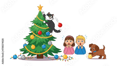 Christmas Chaos: A delightful cartoon scene unfolds as a playful cat climbs the Christmas tree, sending ornaments tumbling, while two children and a puppy react with surprise and glee.