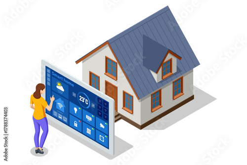 Smart Home Control Panel. Isometric illustration of a woman controlling a smart home system through a large digital panel. Concept of energy efficiency, smart technology, and home automation