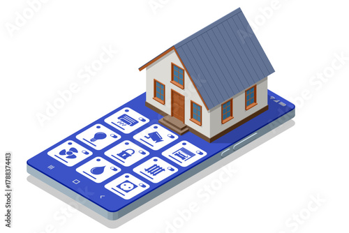 Smart Home Control Panel. Isometric illustration of a smart home controlled via smartphone with digital dashboard for lighting, climate, and security. Concept of home automation and IoT.