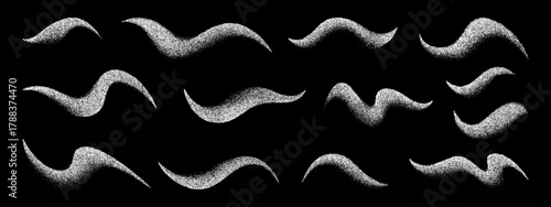 Set of abstract textured wave shapes with noise effect. Stipple vector element for design. Artistic brush stroke.