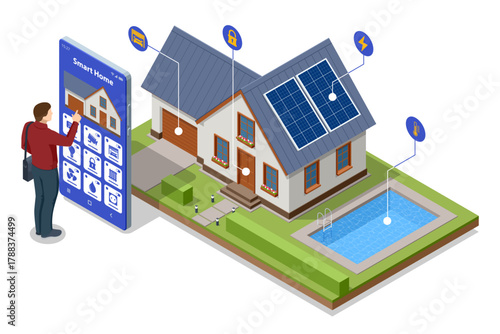 Isometric illustration of a smart home with solar panels, modern living room, and man controlling systems via smartphone. Concept of energy efficiency, automation, and sustainable technology.
