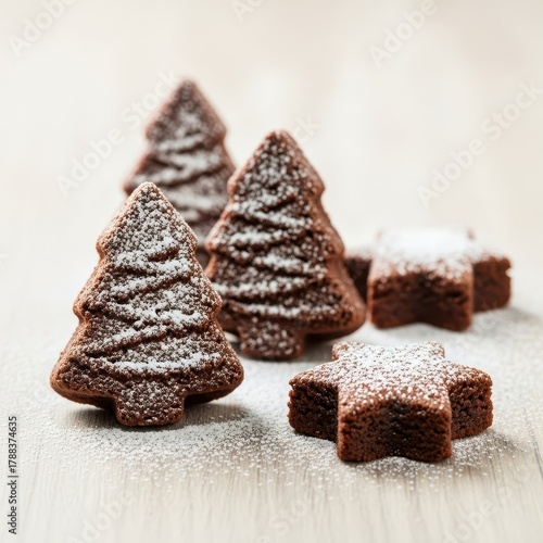 Festive fudgy chocolate brownies shaped like holiday trees and stars, dusted with powdered sugar, displayed on a wooden surface ready for Christmas feasting, brownie, cutouts, wooden