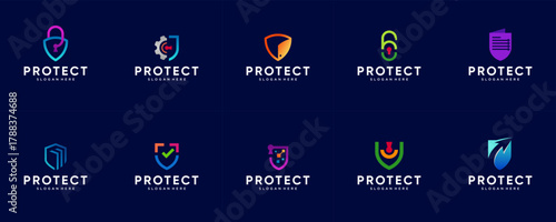 collection of digital security logos, protection, smart technology systems, graphic illustration design.