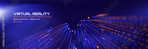 Virtual reality immersive neural simulation concept. Digital data stream with glowing lines and particles. Technology background for cyber world.