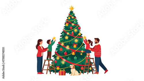 Family Christmas Tree: Capturing a heartwarming scene, a family gathers to decorate their Christmas tree, a symbol of togetherness and holiday cheer.