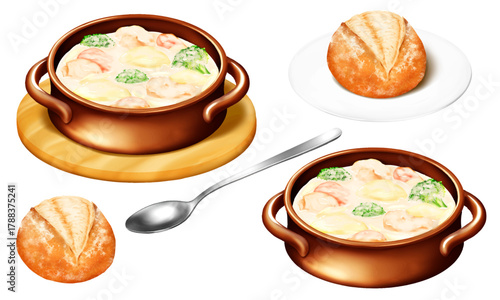 チキンクリームシチューとハードタイプのロールパン