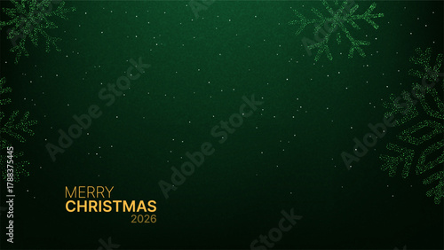 Merry Christmas 2026 message on a glittery green background with sparkling snowflakes and falling snow. Holiday season greeting card or festive banner design.