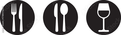 Restaurant logo set, fork, knife, spoon and wine glass icons in round black badges. Vector Black silhouettes. with white background
