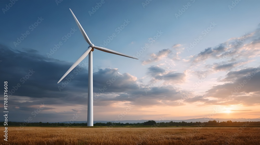 Obraz premium A single wind turbine stands in a golden field under a dramatic sunset sky with clouds