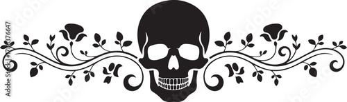 Vintage border with skull and floral curls — elegant gothic header ornament for halloween. Vector Black silhouettes. with white background
