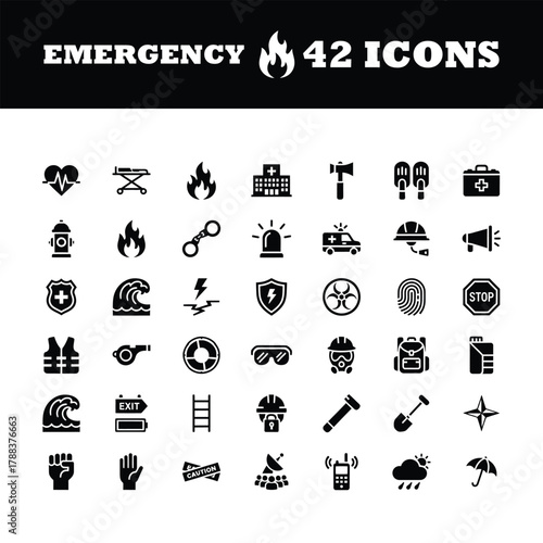Comprehensive collection of 42 emergency and safety icons essential for disaster preparedness, first aid, and rescue operations, offering clear visual communication for critical situations.