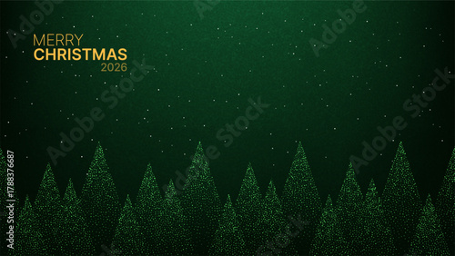 Abstract green christmas tree forest with snow and Merry Christmas 2026 text. Winter holiday greeting card or banner template.