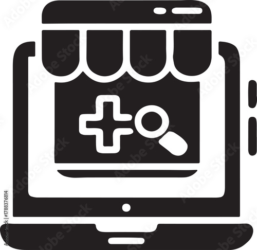 Online pharmacy store icon with search and plus symbol