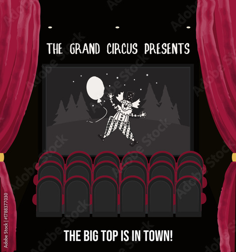 Circus Cinema Poster. Big Top in Town Text, Dark Theatre with Clown on Screen