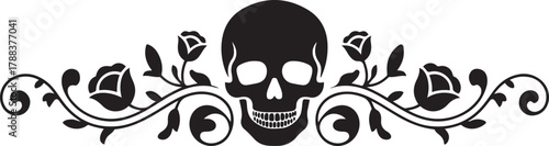 Vintage border with skull and floral curls — elegant gothic header ornament for halloween. Vector Black silhouettes. with white background