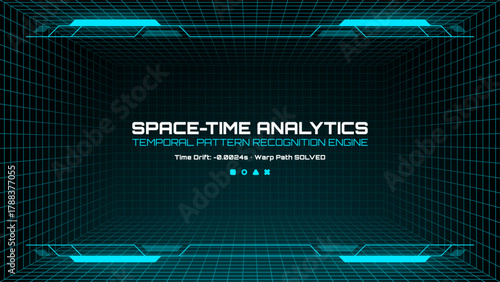 Space-time analytics digital interface displayed on a blue grid hud. Futuristic temporal pattern recognition engine for data analysis.