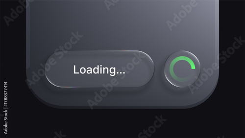 Loading bar and spinner with liquid glass morphism vector effect. User interface element for website or application with progress indicator.