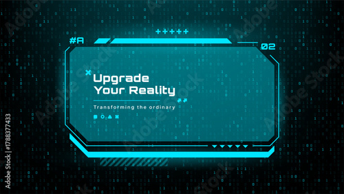 Digital hud interface with abstract binary code background. Futuristic display for virtual reality, gaming and technology concept.