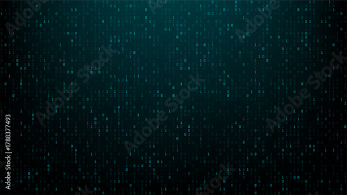 Digital binary code rain on dark background. Abstract matrix style background of 0s and 1s. Data stream for computer interface or cybersecurity.