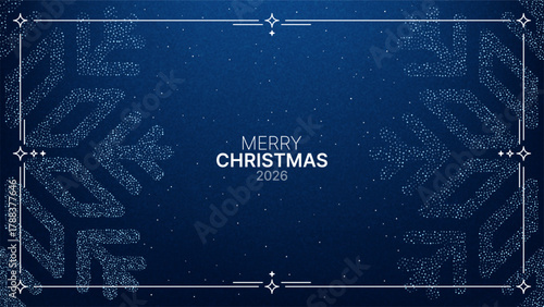 Blue Christmas background with snowflake pattern and Merry Christmas 2026 text. Festive winter holiday greeting card design.
