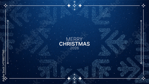 Merry Christmas 2026 text on blue background with glitter snowflake pattern. Festive winter holiday greeting card design for celebration.