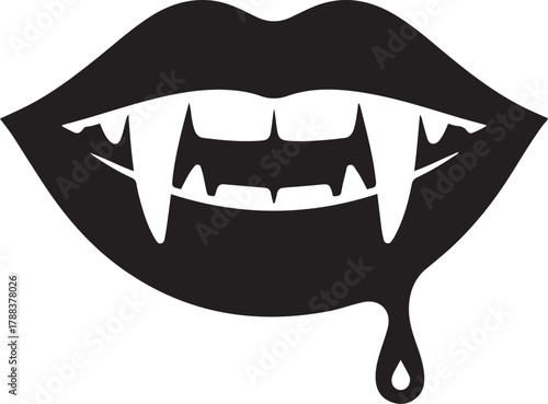 Dripping vampire bite — lips with fangs and drop of blood, dark Halloween temptation. Vector Black silhouettes. with white background